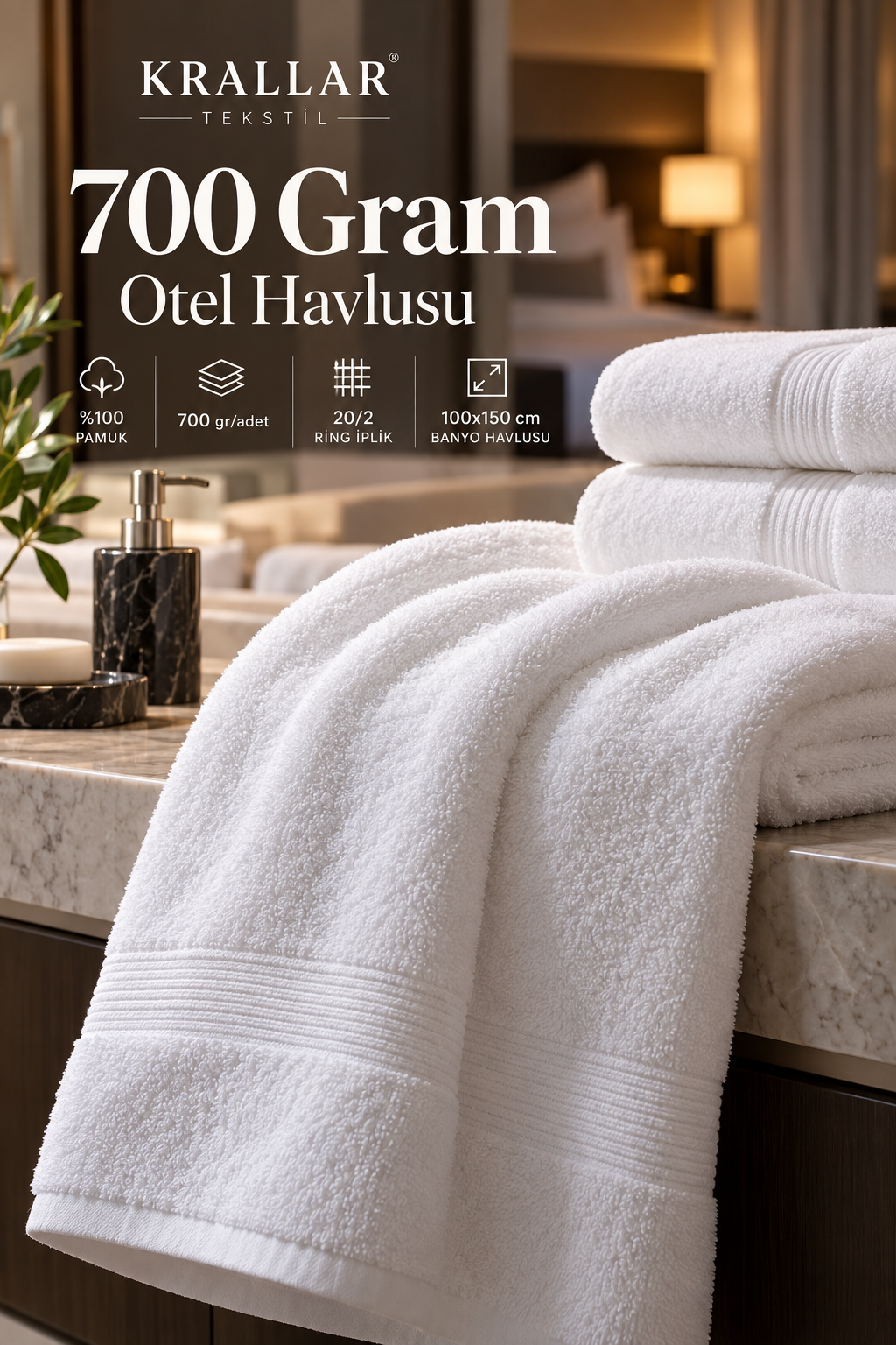Krallar Tekstil üretimi 100x150 cm, 700 gr/adet ve 20/2 ring iplik otel banyo havlusu; otel, konaklama tesisi ve kurumsal projeler için toplu üretim, özel üretim ve devam üretimi seçenekleriyle sunulmaktadır.