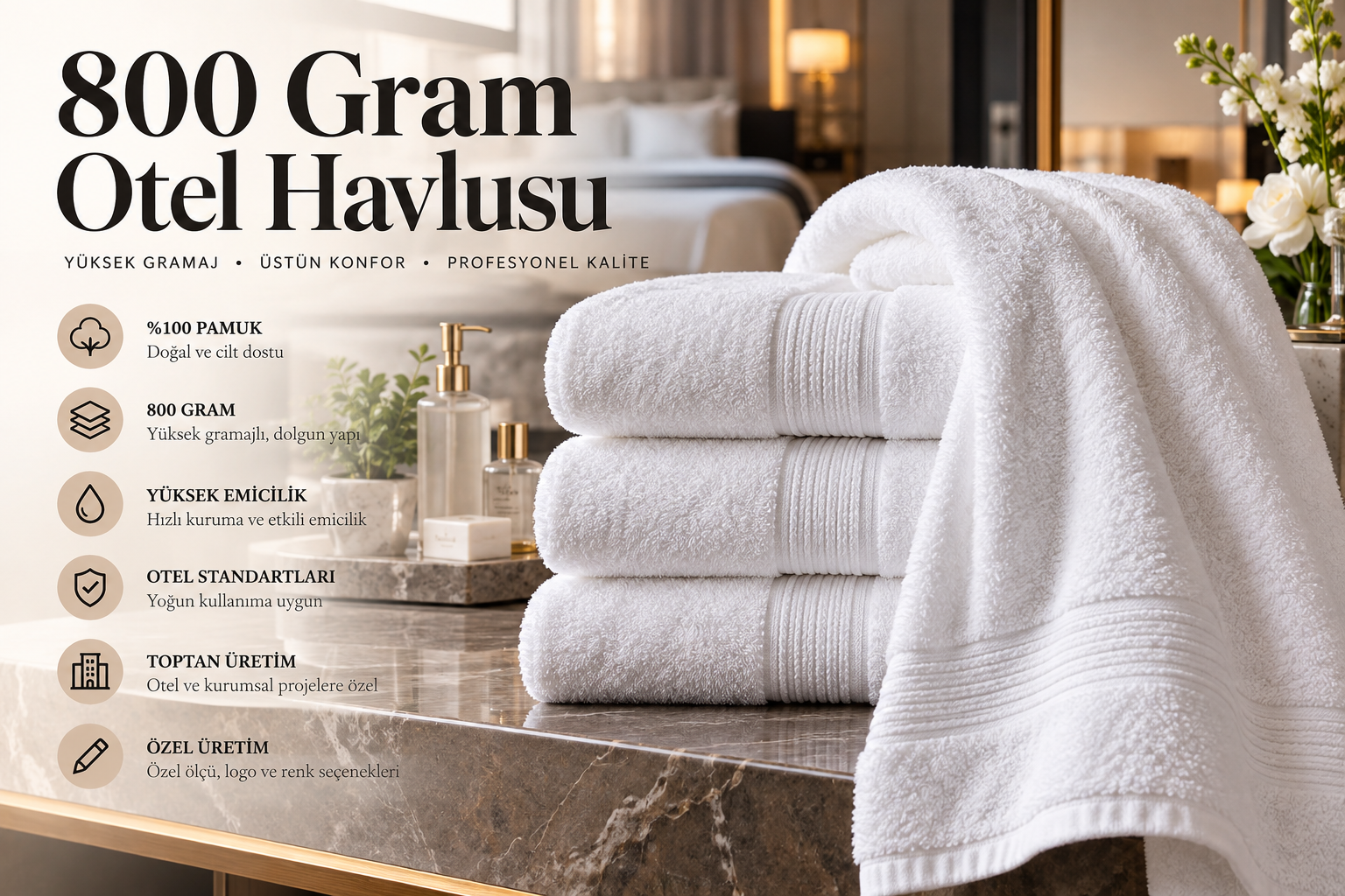 800 gram otel havlusu ihtiyaçlarınız için Krallar Tekstil’den doğrudan üretim avantajı. Otel ve kurumsal projelere özel toplu üretim, özel ölçü, logo ve nakış seçenekleri.