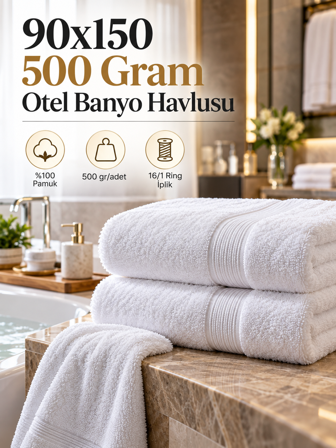 Krallar Tekstil üretimi 90x150 cm, 500 gr/adet ve 16/1 ring iplik otel banyo havlusu; oteller ve konaklama tesislerinin toplu siparişleri için üretici avantajıyla sunulur.