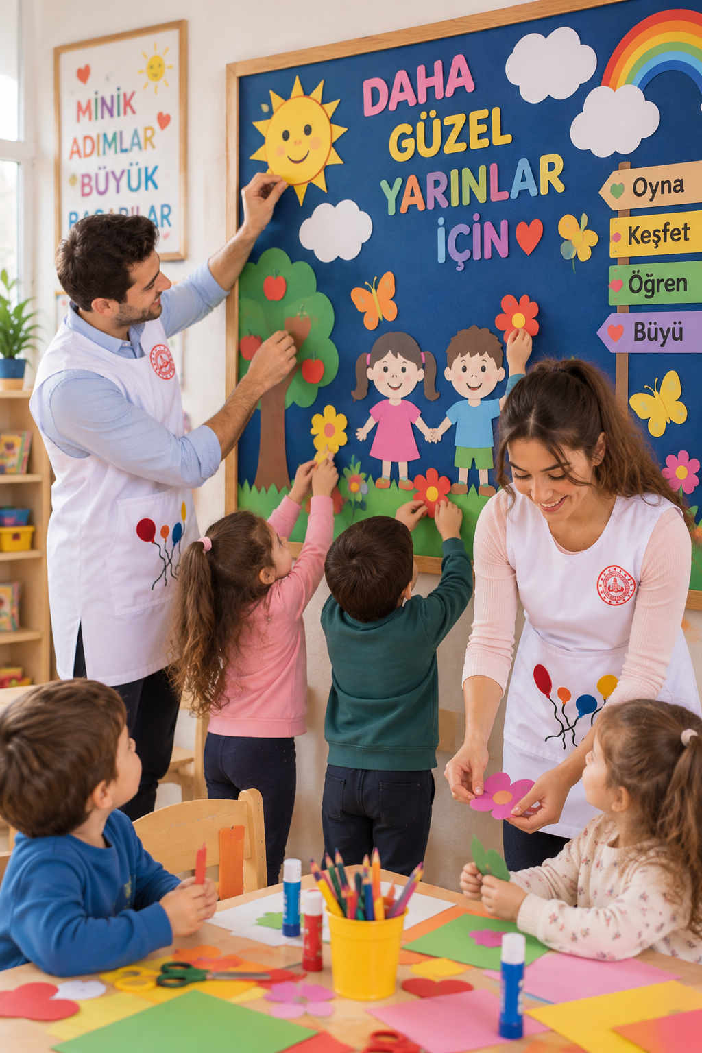 Anaokulu öğretmenlerinin sınıf içi hareketliliğine uygun, kullanışlı ve cepli öğretmen önlüğü modelleri Krallar Tekstil tarafından üretilmektedir.