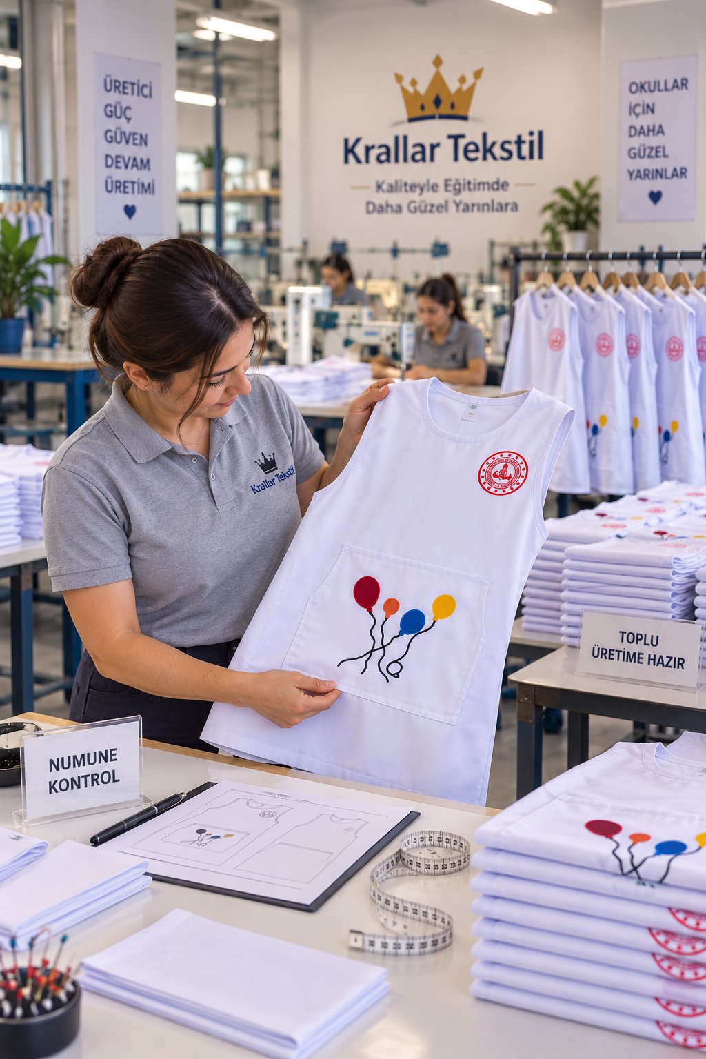 2026-2027 dönemi için MEB standartlarına uygun anaokulu öğretmen önlüğü modelleri, kuruma özel üretim seçenekleriyle.