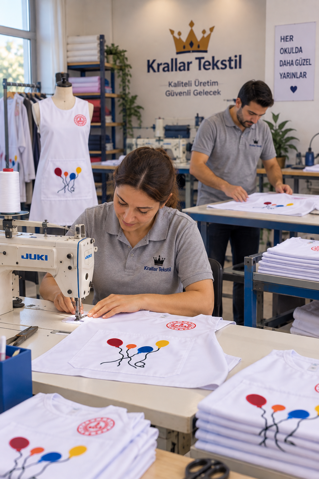 53 yılı aşkın üretim tecrübesiyle anaokulu öğretmen önlüğü üretimi; toplu sipariş, özel beden, logo ve isim nakışı seçenekleriyle Krallar Tekstil’de.