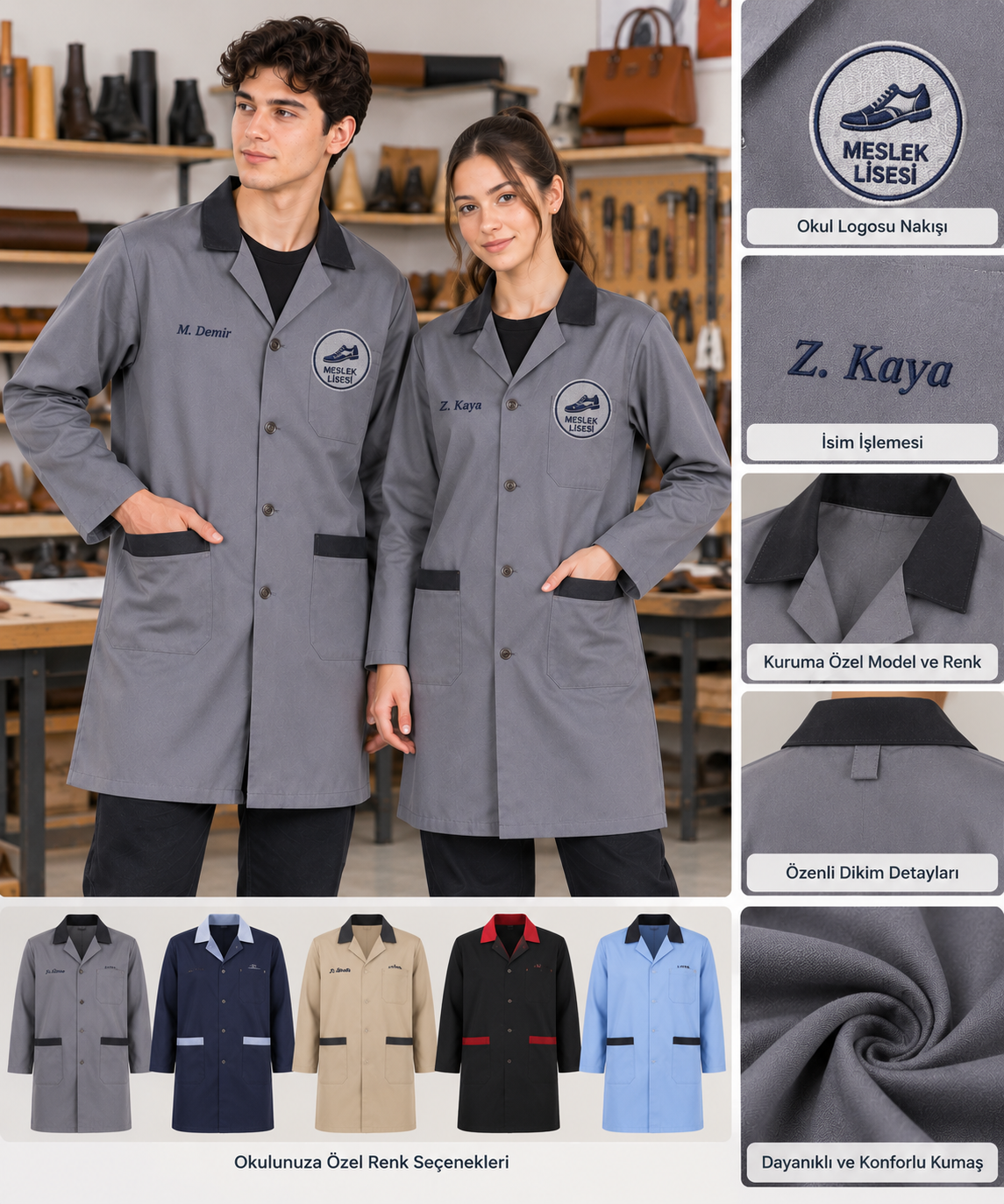 Okul logolu, isim işlemeli ve kuruma özel Ayakkabı ve Saraciye Teknolojisi atölye önlükleri Krallar Tekstil tarafından üretilmektedir.
