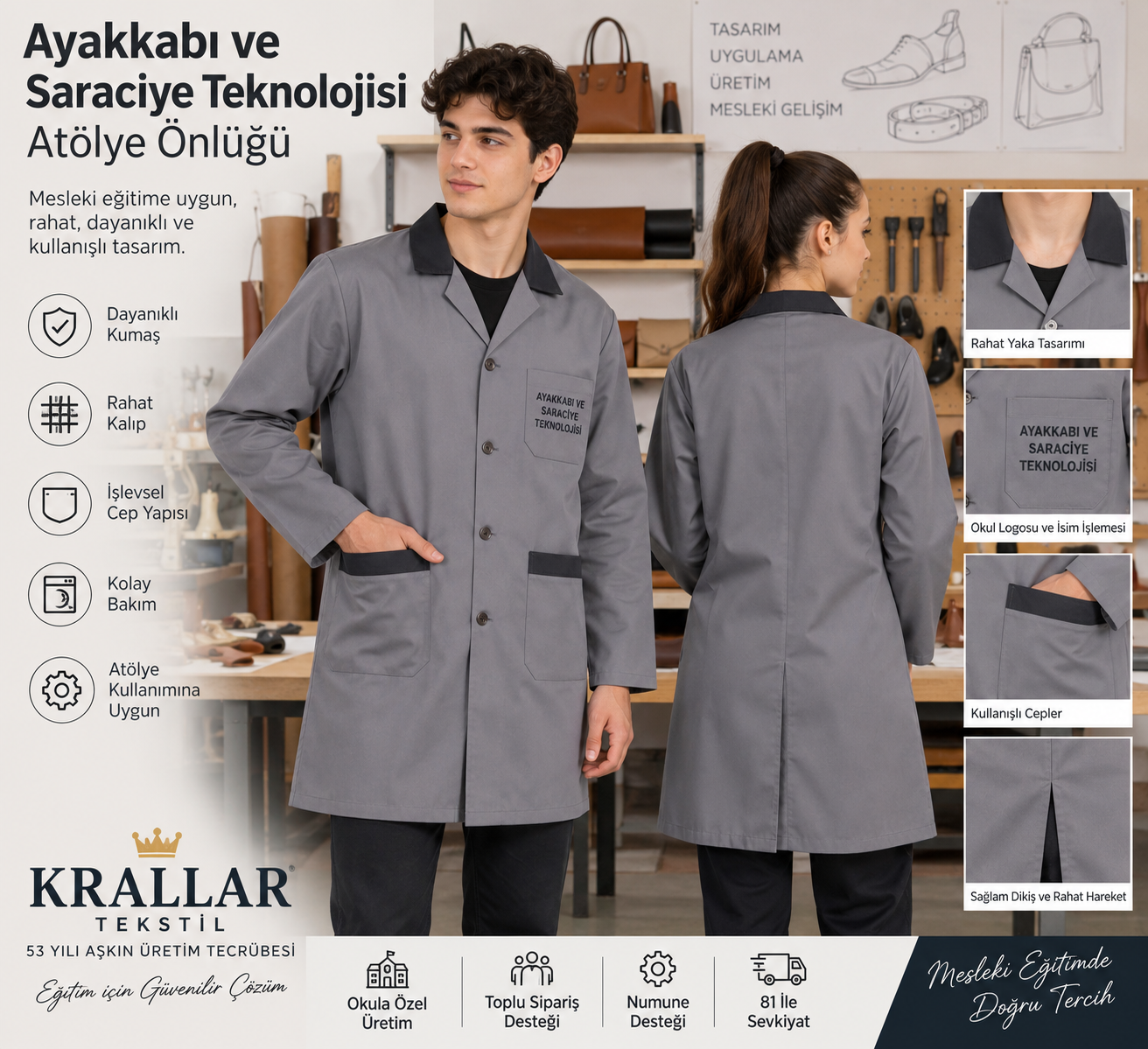 Ayakkabı ve Saraciye Teknolojisi atölye önlüğü modelleri, okul ve kurumlara özel üretim seçenekleriyle Krallar Tekstil’de.
