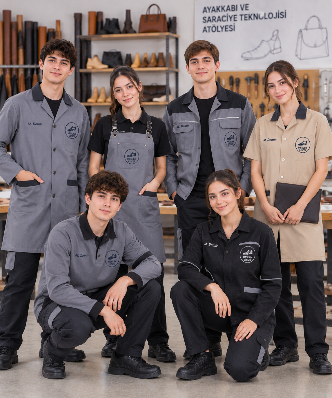 Ayakkabı ve Saraciye Teknolojisi iş ve staj kıyafetleri; atölye önlüğü, askılı önlük, iş ceketi ve pantolon seçenekleriyle Krallar Tekstil’de.