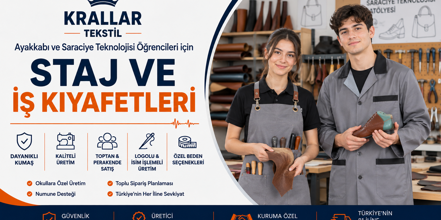 ayakkabi-saraciye-teknolojisi-staj-is-kiyafetleri-krallar-tekstil Ayakkabı ve Saraciye Teknolojisi staj ve iş kıyafetleri; atölye önlüğü, askılı önlük ve kuruma özel üretim seçenekleriyle Krallar Tekstil’de.