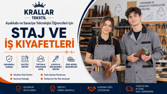 ayakkabi-saraciye-teknolojisi-staj-is-kiyafetleri-krallar-tekstil Ayakkabı ve Saraciye Teknolojisi staj ve iş kıyafetleri; atölye önlüğü, askılı önlük ve kuruma özel üretim seçenekleriyle Krallar Tekstil’de.