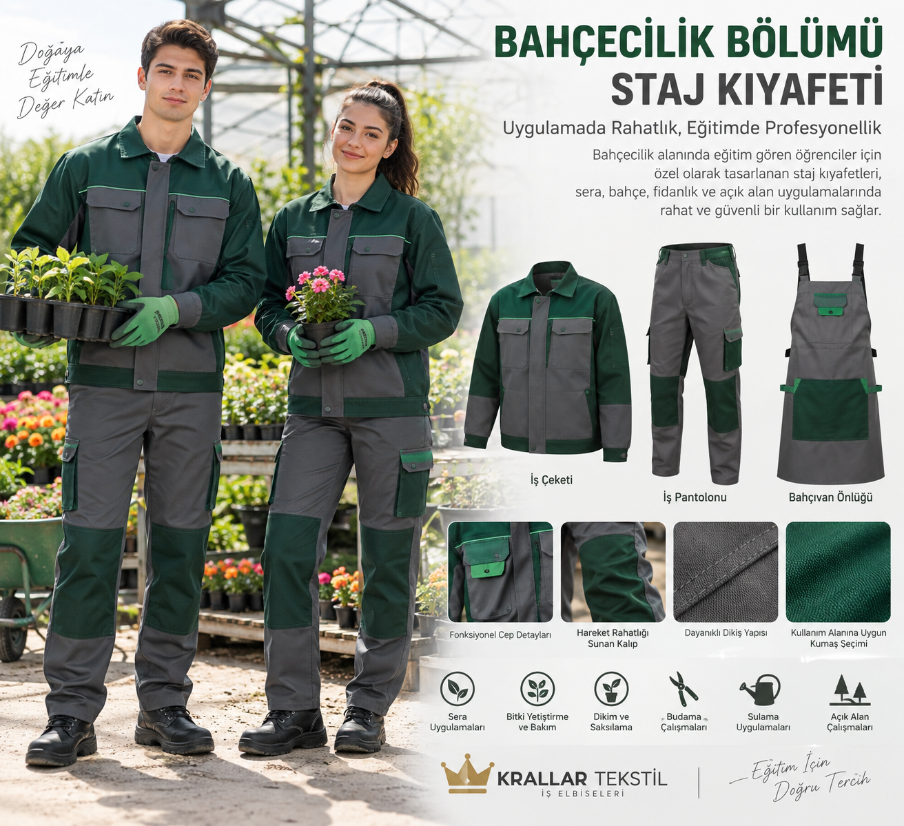 Bahçecilik alanında eğitim gören öğrenciler için sera, fidanlık, bahçe ve açık alan uygulamalarına uygun staj kıyafetleri. Kuruma özel model, renk, logo ve beden seçenekleriyle Krallar Tekstil tarafından üretilir.