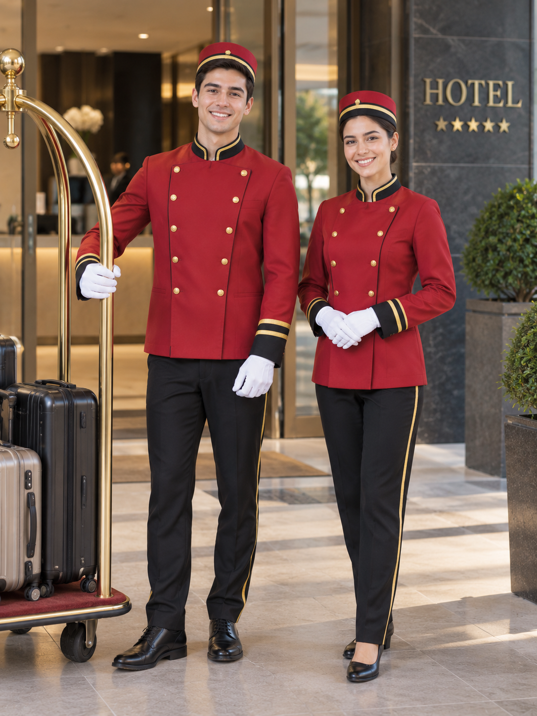 Krallar Tekstil bellboy personel kıyafetleri; karşılama, bagaj taşıma ve misafir hizmetlerinde görev yapan personeller için şık, dayanıklı ve kurumsal tasarımlarla üretilmektedir.
