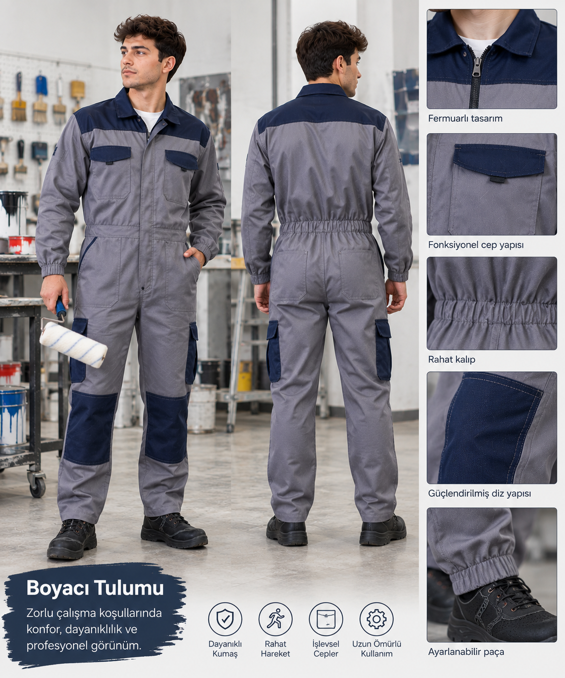 Dayanıklı ve rahat boyacı iş tulumu modelleri, toplu sipariş ve kuruma özel üretim seçenekleriyle Krallar Tekstil’de.