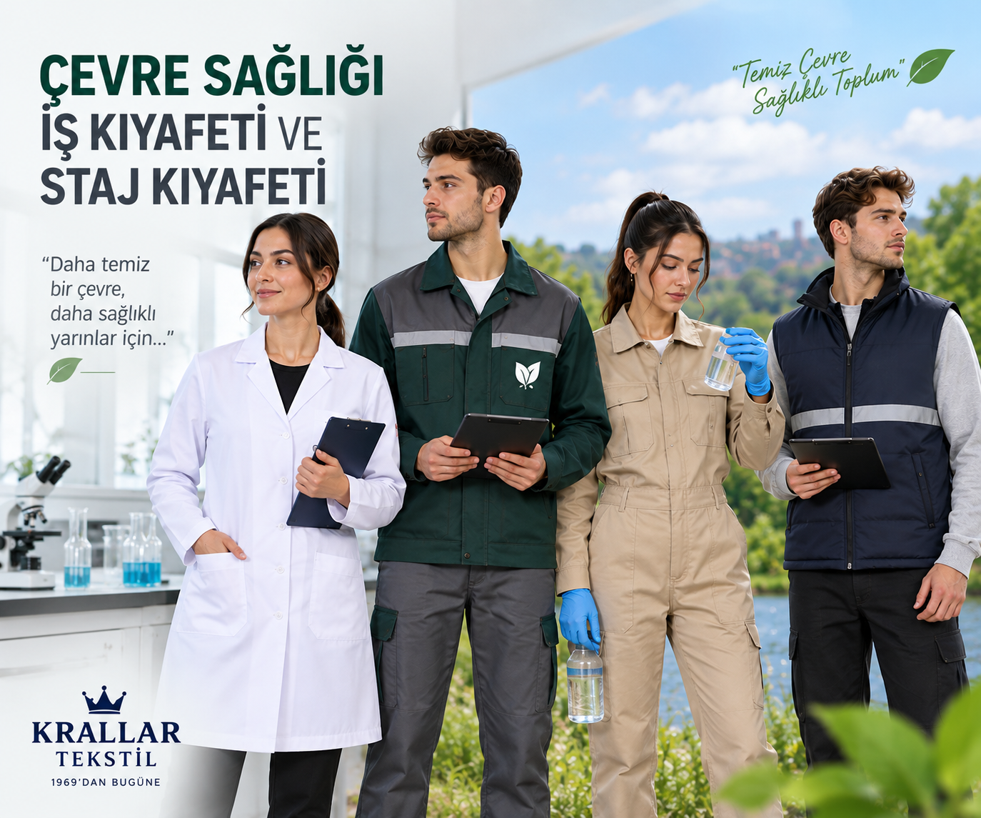 Çevre Sağlığı iş ve staj kıyafetleri, öğrencilerin uygulama ve saha çalışmalarına yönelik kuruma özel seçeneklerle Krallar Tekstil tarafından üretilir.