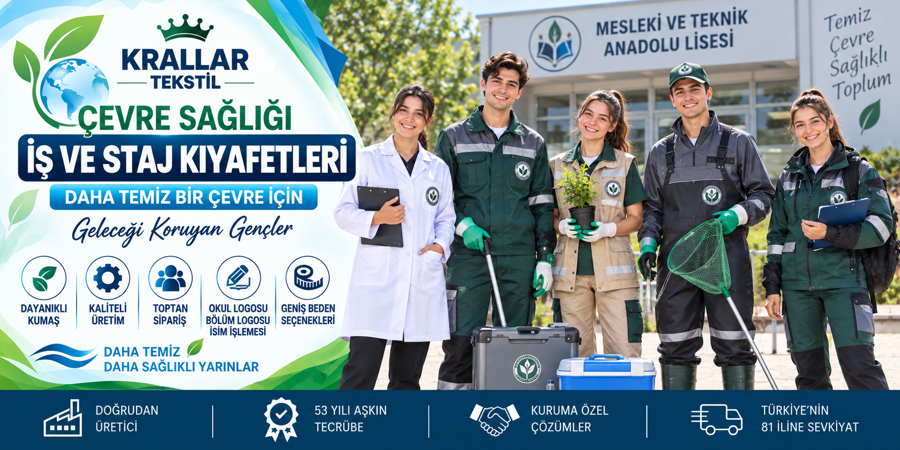 cevre-sagligi-is-staj-kiyafetleri-krallar-tekstil Çevre Sağlığı iş ve staj kıyafetleri; laboratuvar, uygulama ve saha çalışmalarına uygun modeller, okul ve bölüm logosu, isim nakışı ve geniş beden seçenekleriyle Krallar Tekstil tarafından toplu siparişe özel üretilir ve Türkiye’nin 81 iline sevk edilir.