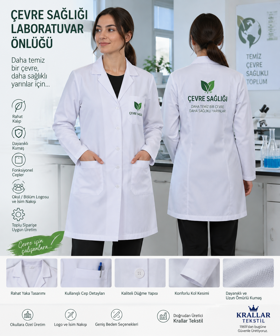 Çevre Sağlığı laboratuvar önlüğü; okul ve bölüm logosu, isim nakışı ve farklı beden seçenekleriyle Krallar Tekstil tarafından toplu siparişe özel üretilir.