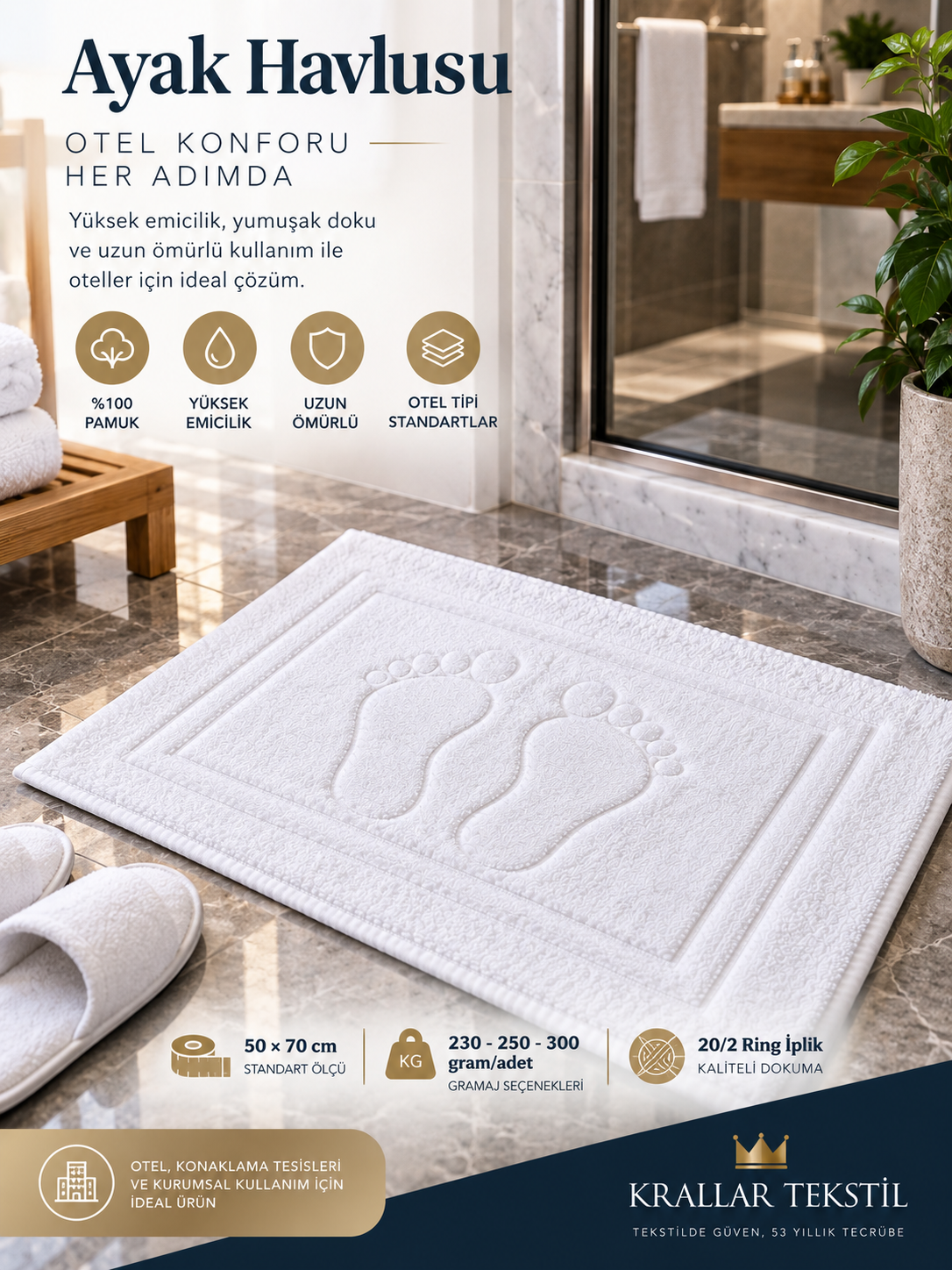 50 × 70 cm ölçü, 230–250–300 gram seçenekleri ve 20/2 ring iplik özellikleriyle Krallar Tekstil ayak havlusu.