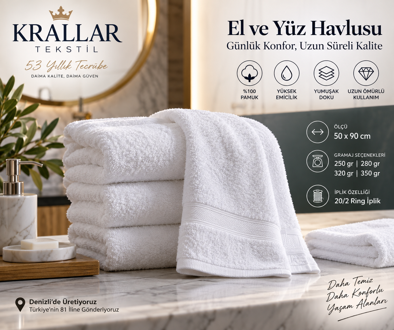 Krallar Tekstil tarafından üretilen 50×90 cm el-yüz havluları; farklı gramaj seçenekleri, 20/2 ring iplik yapısı ve toplu üretim avantajıyla otel ve kurumsal ihtiyaçlara sunulur.