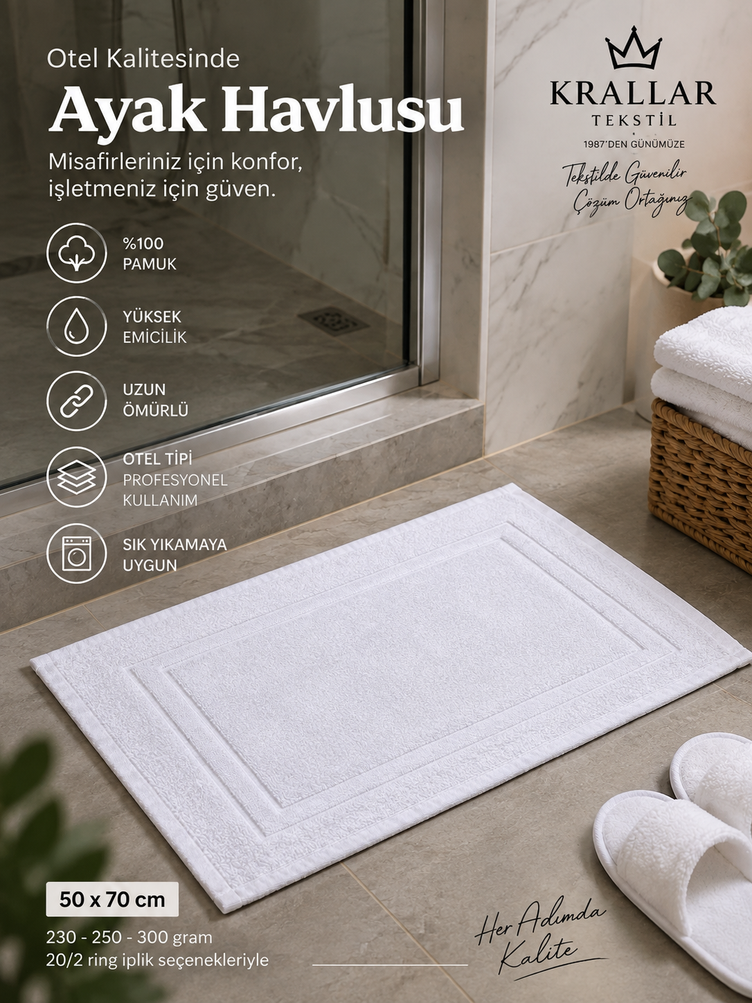 Krallar Tekstil’in oteller için hazırladığı 50 × 70 cm beyaz ayak havlusu; 230, 250 ve 300 gram seçenekleri ile toplu ve kurumsal üretime uygundur.