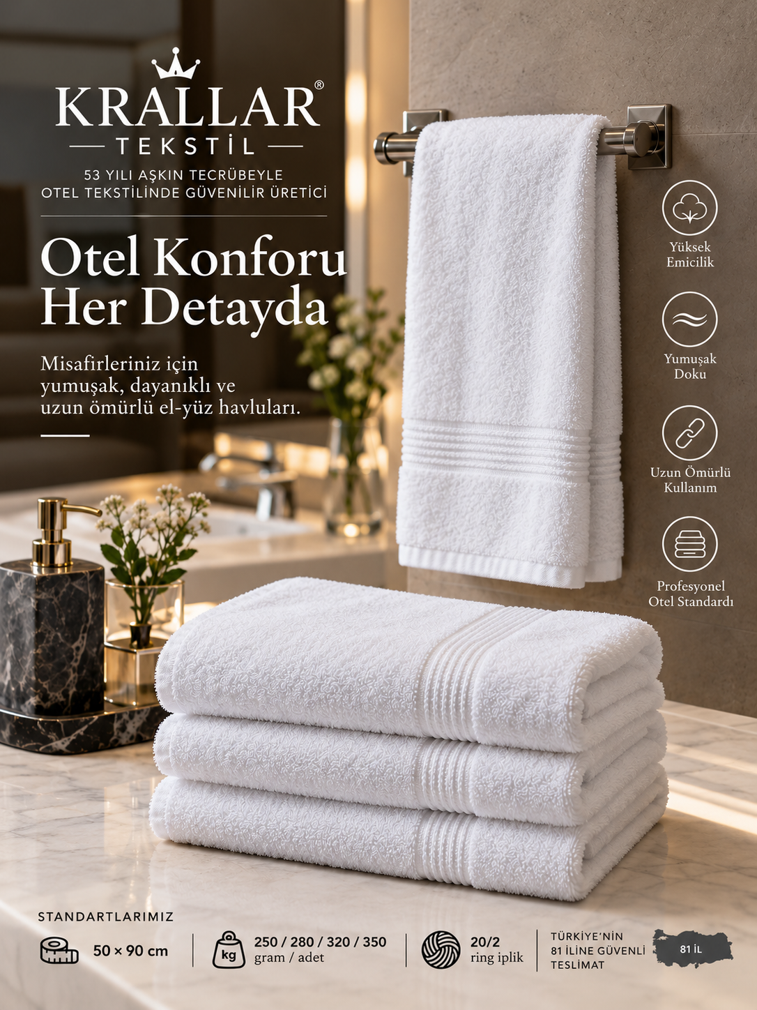Krallar Tekstil tarafından oteller için farklı gramaj seçenekleriyle üretilen profesyonel el-yüz havluları.