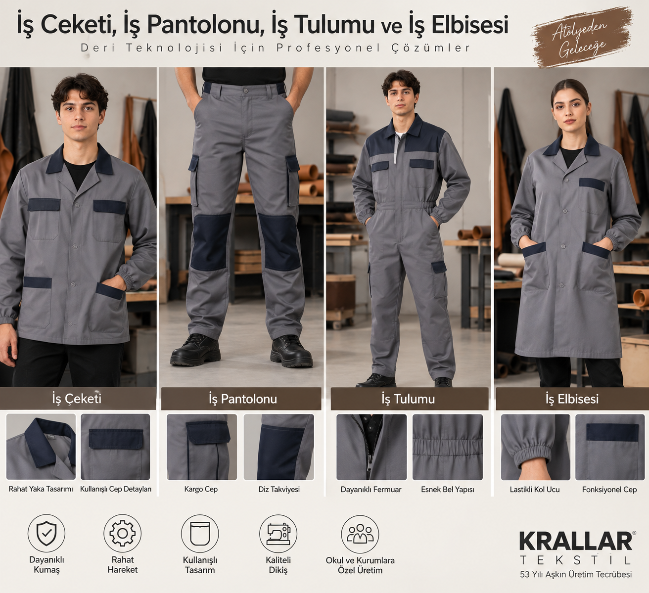 Deri Teknolojisi öğrencileri için iş ceketi, iş pantolonu, iş tulumu ve iş elbisesi seçenekleri.