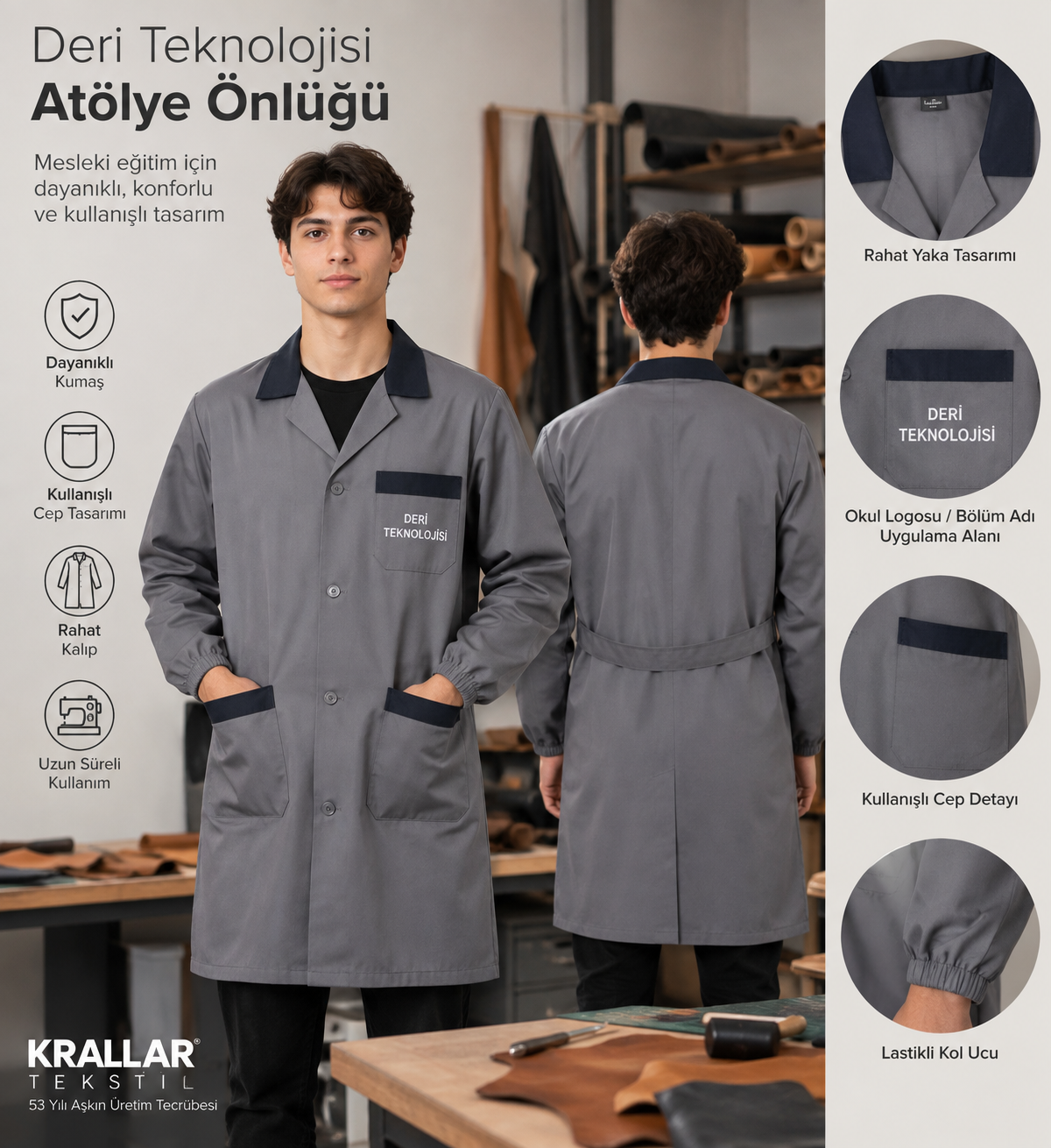 Deri Teknolojisi atölye çalışmalarına uygun cepli ve rahat iş önlüğü modeli.