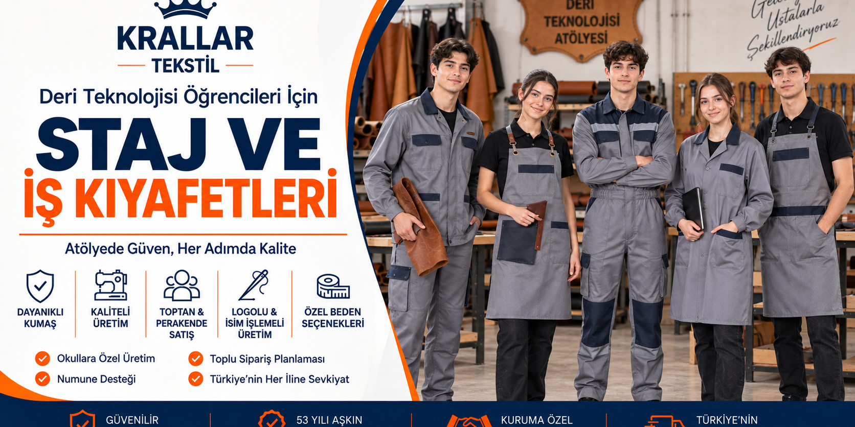 deri-teknolojisi-is-ve-staj-kiyafetleri-krallar-tekstil Deri Teknolojisi öğrencileri için atölye ve staj süreçlerine uygun iş kıyafeti, iş tulumu, iş önlüğü ve askılı önlük modelleri Krallar'da.