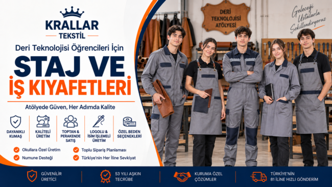 deri-teknolojisi-is-ve-staj-kiyafetleri-krallar-tekstil Deri Teknolojisi öğrencileri için atölye ve staj süreçlerine uygun iş kıyafeti, iş tulumu, iş önlüğü ve askılı önlük modelleri Krallar'da.