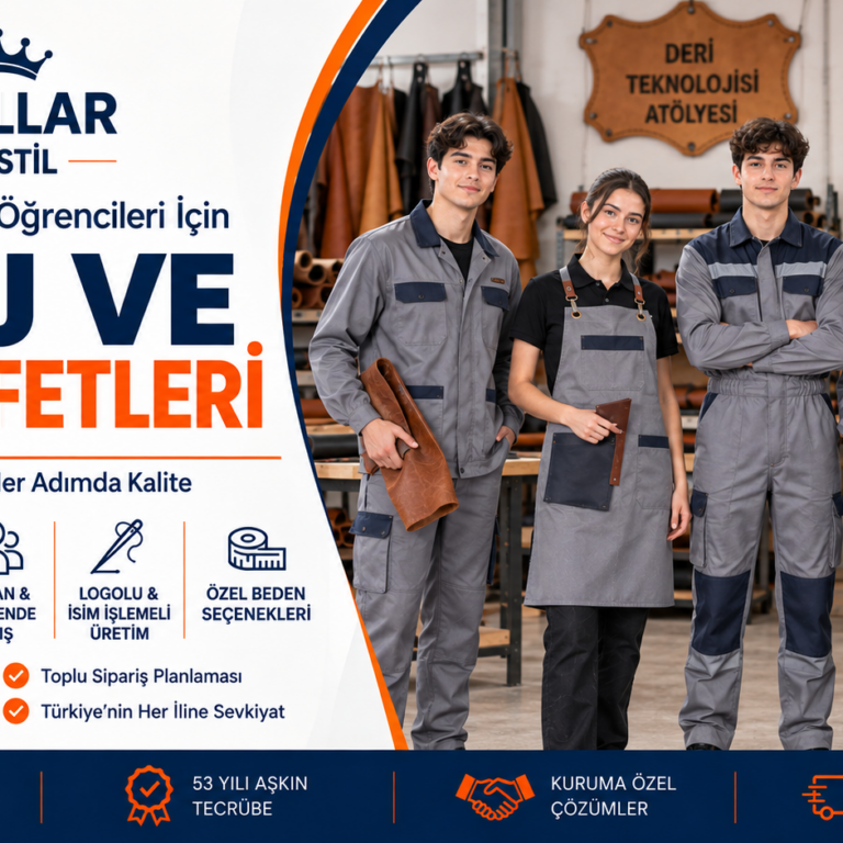 deri-teknolojisi-is-ve-staj-kiyafetleri-krallar-tekstil Deri Teknolojisi öğrencileri için atölye ve staj süreçlerine uygun iş kıyafeti, iş tulumu, iş önlüğü ve askılı önlük modelleri Krallar'da.