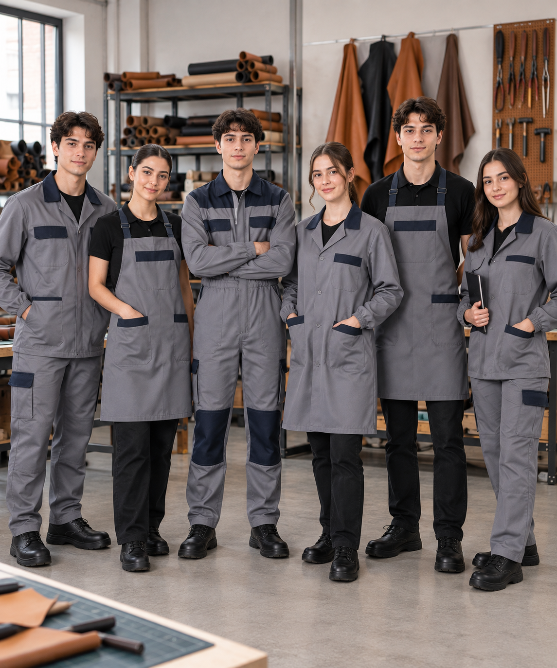 Deri Teknolojisi öğrencileri için iş önlüğü, askılı önlük, iş ceketi, pantolon, tulum ve staj kıyafeti modelleri bir arada.