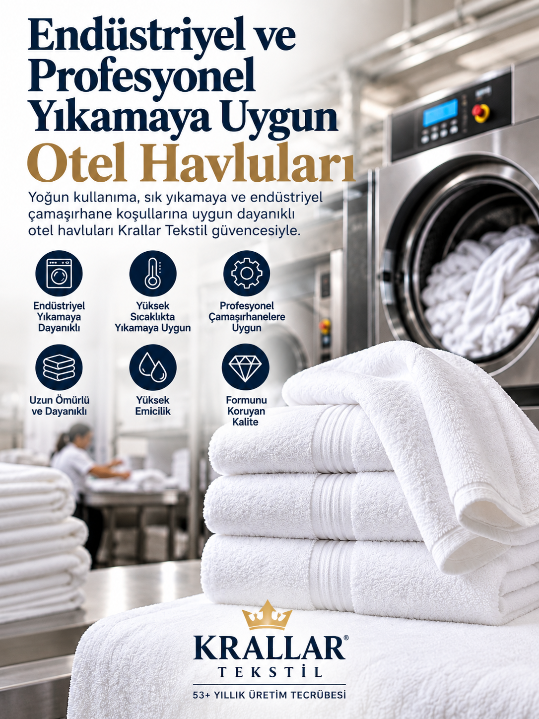 Krallar Tekstil’in yoğun otel kullanımı ve profesyonel çamaşırhane süreçleri için ürettiği sık yıkamaya dayanıklı otel havluları; farklı ölçü, gramaj ve iplik seçenekleriyle toplu siparişlere özel olarak planlanır. 53+ yıllık üretim tecrübesiyle otellere özel üretim ve Türkiye’nin 81 iline gönderim.