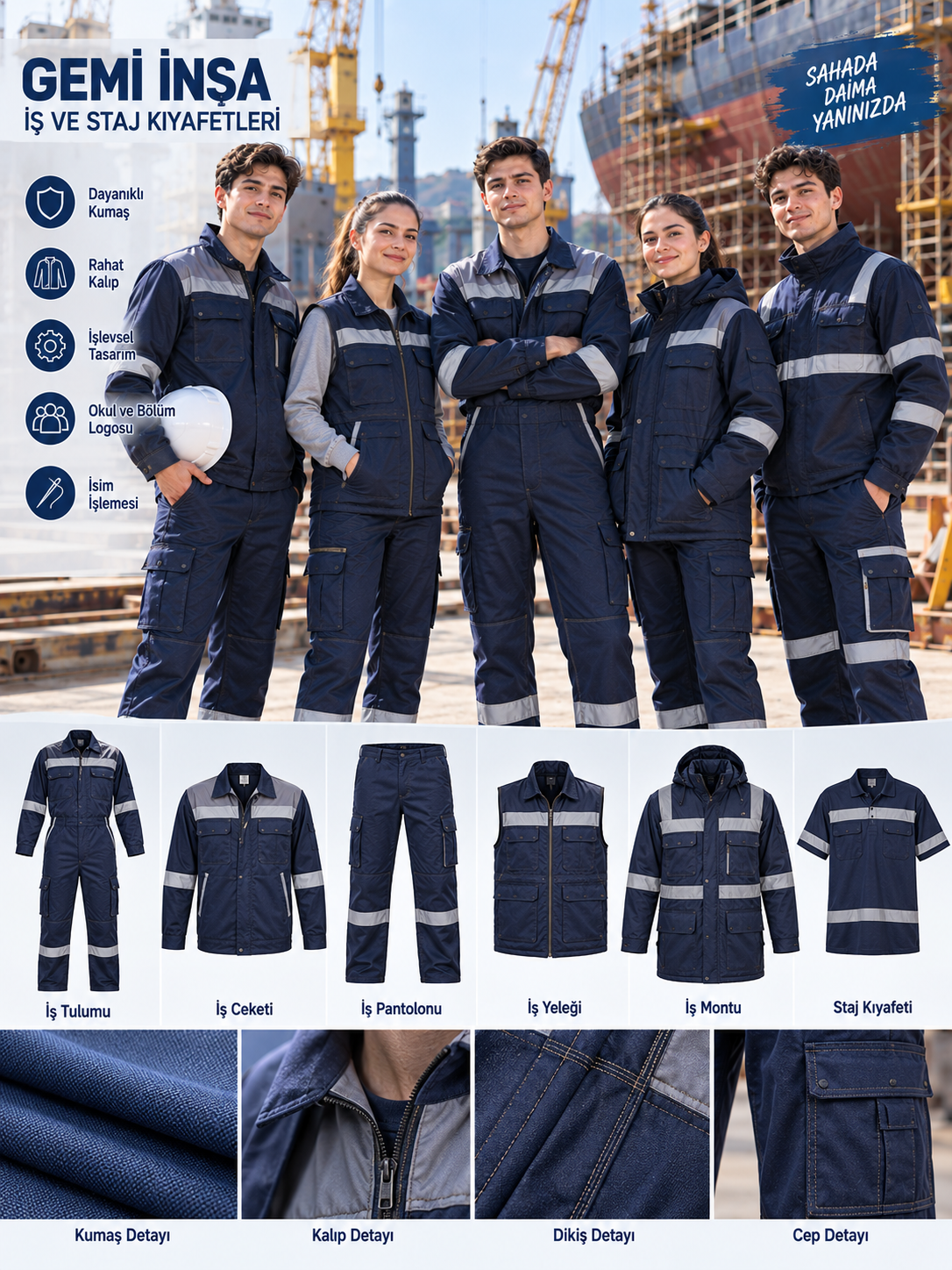 Gemi İnşa iş ceketi, pantolonu, yelek, mont ve reflektif çalışma kıyafetleri Krallar Tekstil tarafından toplu üretilmektedir.