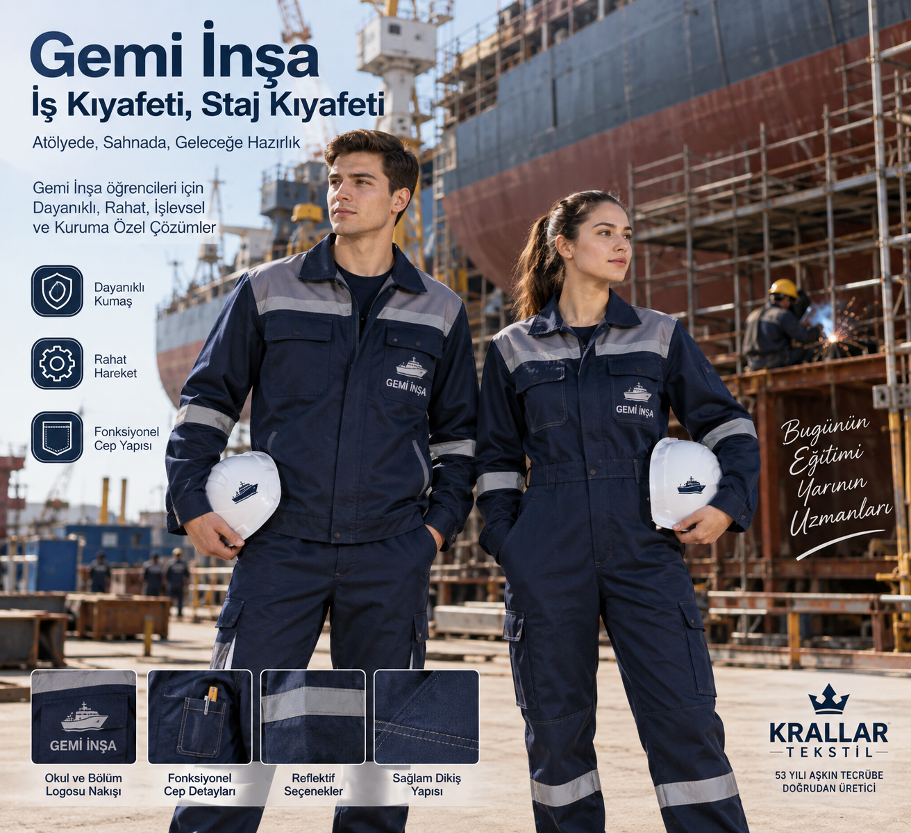 Krallar Tekstil Gemi İnşa iş ve staj kıyafetleri; öğrencilere özel dayanıklı, rahat ve kurumsal çalışma kıyafeti üretimi.