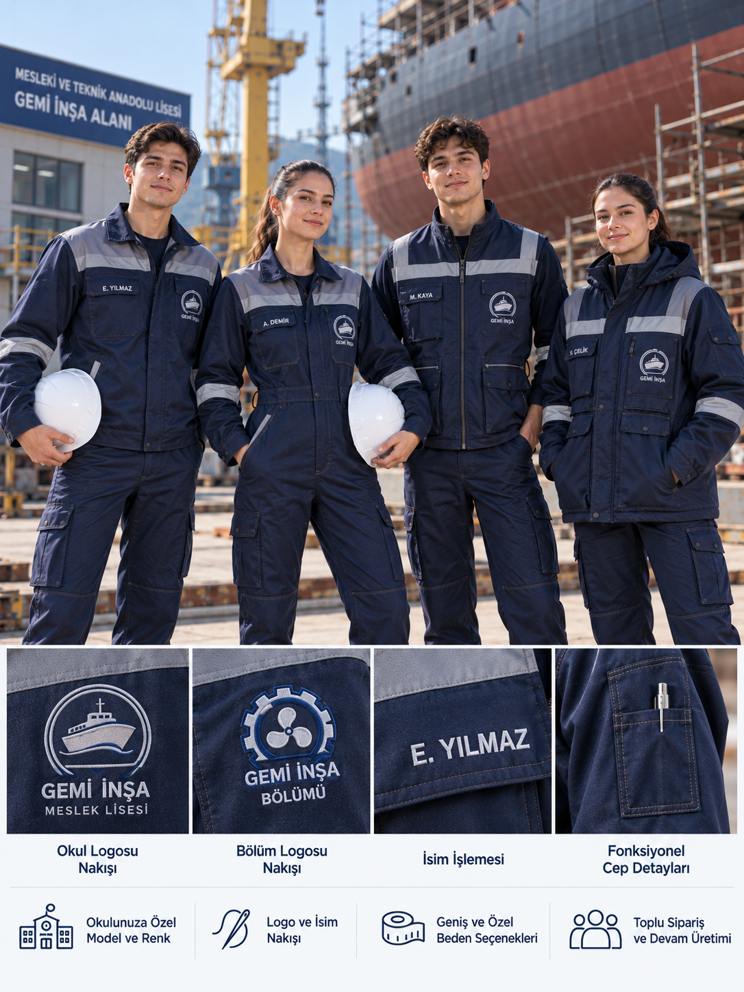 Meslek liselerine özel okul ve bölüm logolu, isim işlemeli Gemi İnşa iş ve staj kıyafetleri Krallar Tekstil üretimi.
