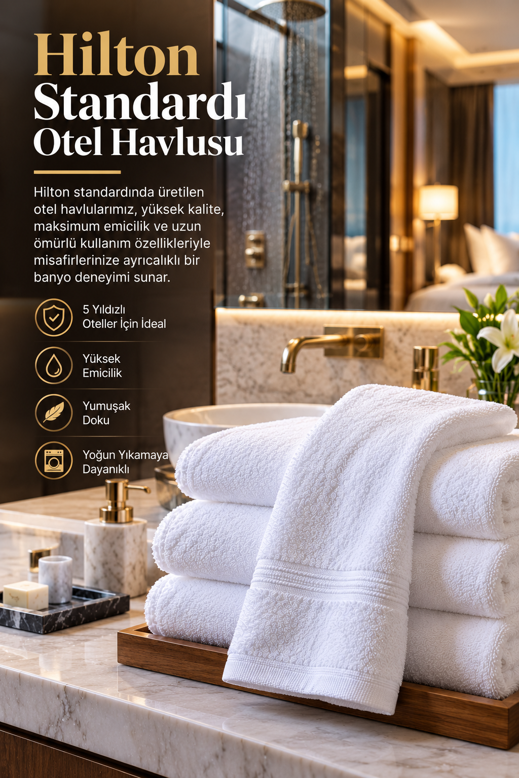 Üst segment otel, resort ve konaklama tesisleri için hazırlanan Hilton standardı profesyonel beyaz otel havlusu.