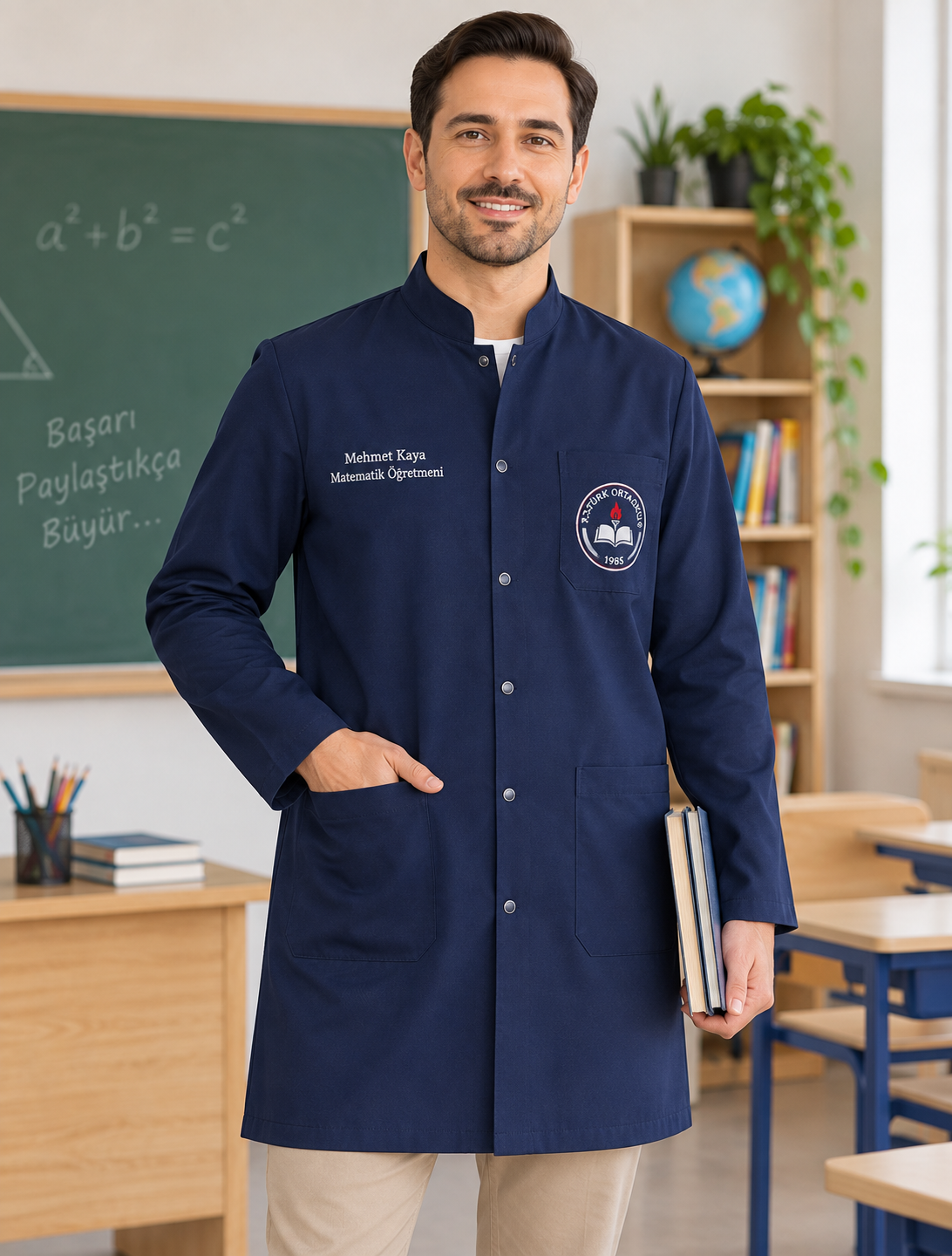 Erkek öğretmenler için isim işlemeli, okul logolu ve kuruma özel lacivert öğretmen önlüğü modeli.