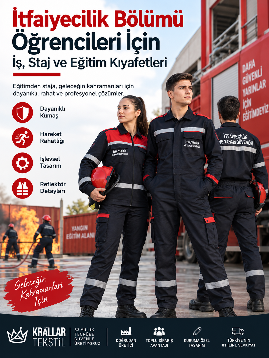 İtfaiyecilik ve Yangın Güvenliği öğrencileri için iş, staj ve eğitim kıyafetleri; kuruma özel model, renk ve toplu sipariş seçenekleriyle Krallar Tekstil tarafından üretilmektedir.