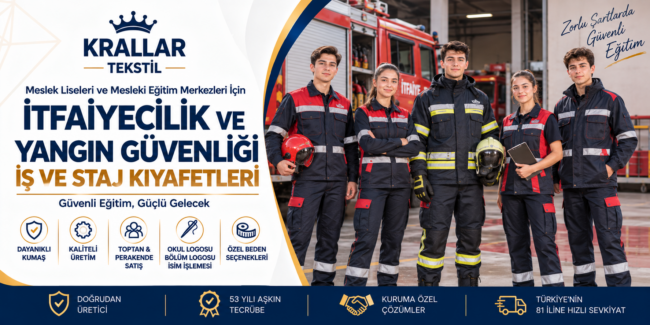 İtfaiyecilik ve Yangın Güvenliği öğrencileri için eğitim tulumu, iş ve staj kıyafetleri; okul ve bölüm logosu, isim işlemesi, özel beden ve toplu sipariş seçenekleriyle doğrudan üretici Krallar Tekstil tarafından üretilmektedir.