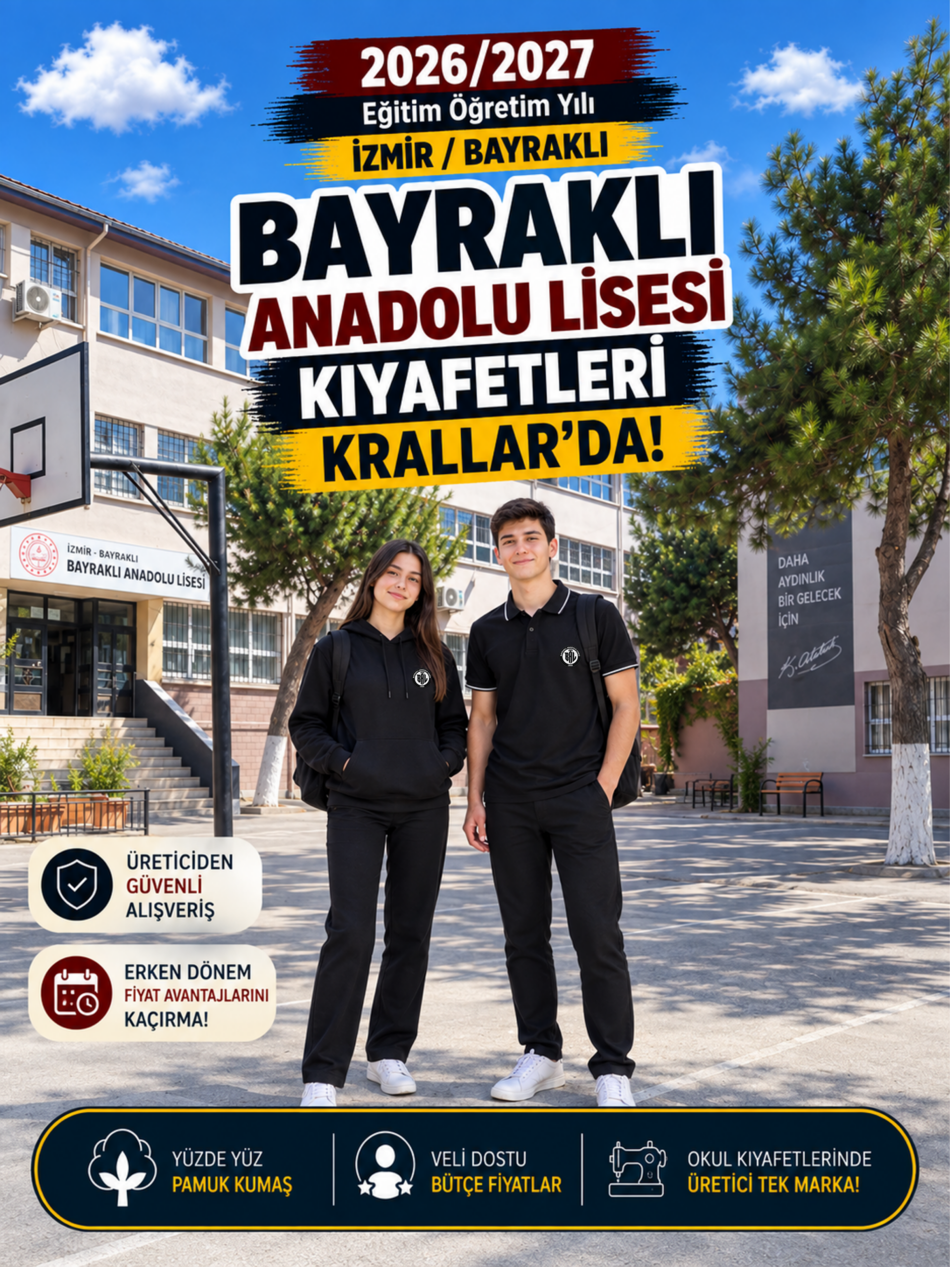 İzmir Bayraklı Bayraklı Anadolu Lisesi okul kıyafetleri ve okul forması, Krallar Tekstil tarafından okulun forma modeline uygun olarak üretilmektedir.