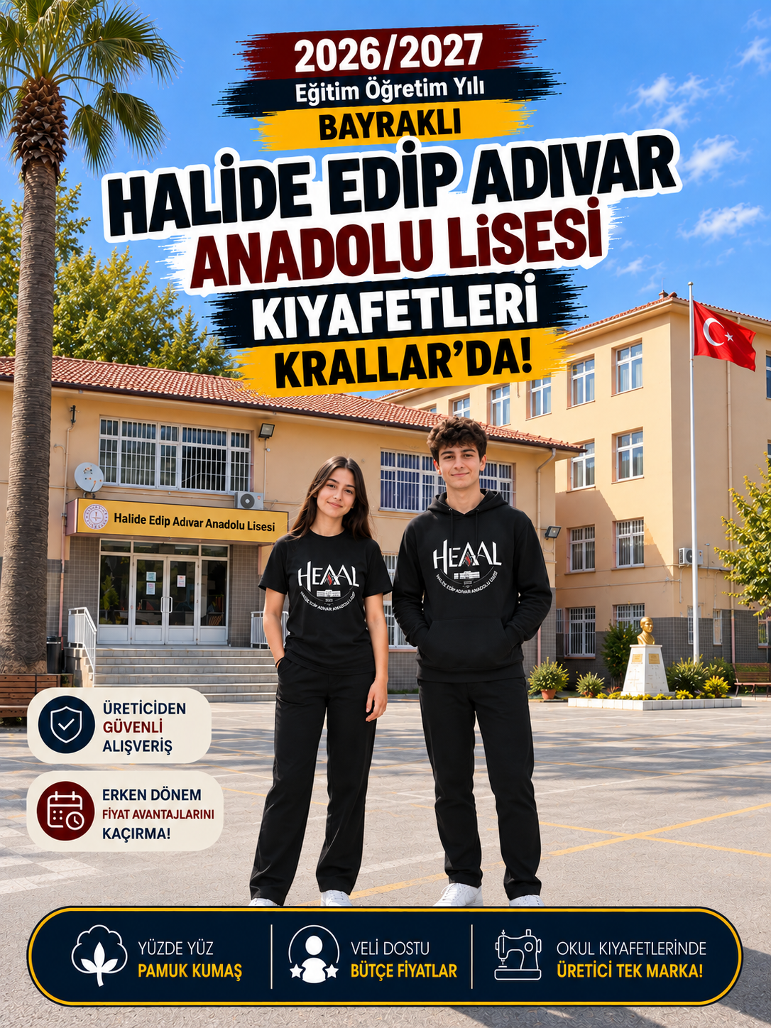 İzmir Bayraklı Halide Edip Adıvar Anadolu Lisesi okul kıyafetleri ve okul forması, Krallar Tekstil tarafından okulun forma modeline uygun olarak üretilmektedir.