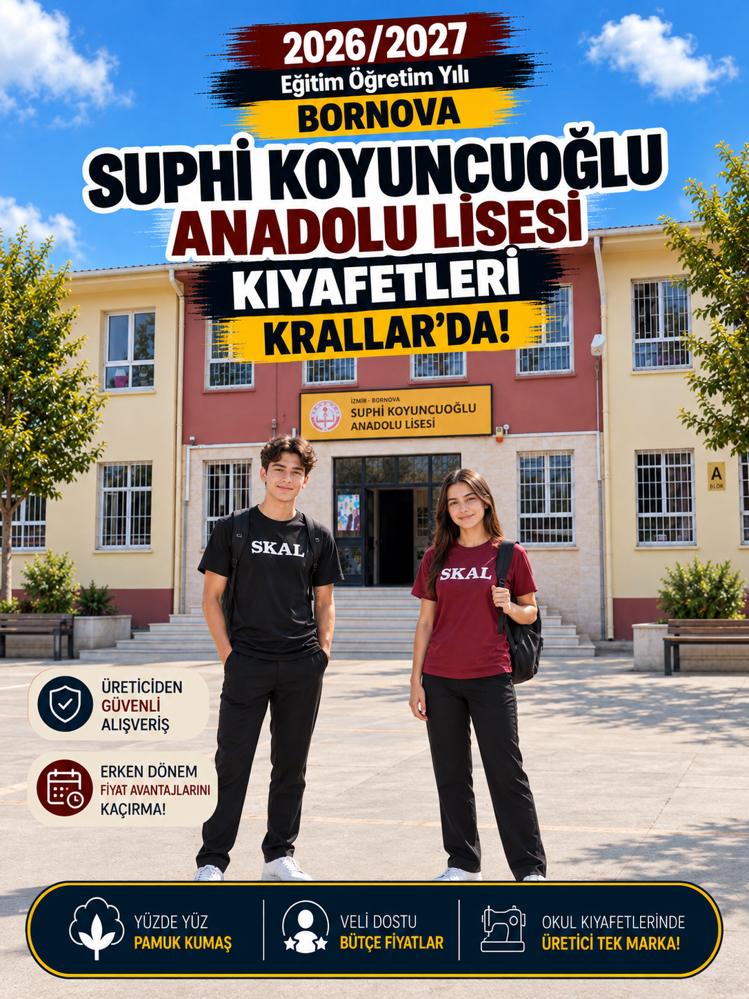 İzmir Bornova Suphi Koyuncuoğlu Anadolu Lisesi okul kıyafetleri ve okul forması, Krallar Tekstil tarafından okulun forma modeline uygun olarak üretilmektedir.
