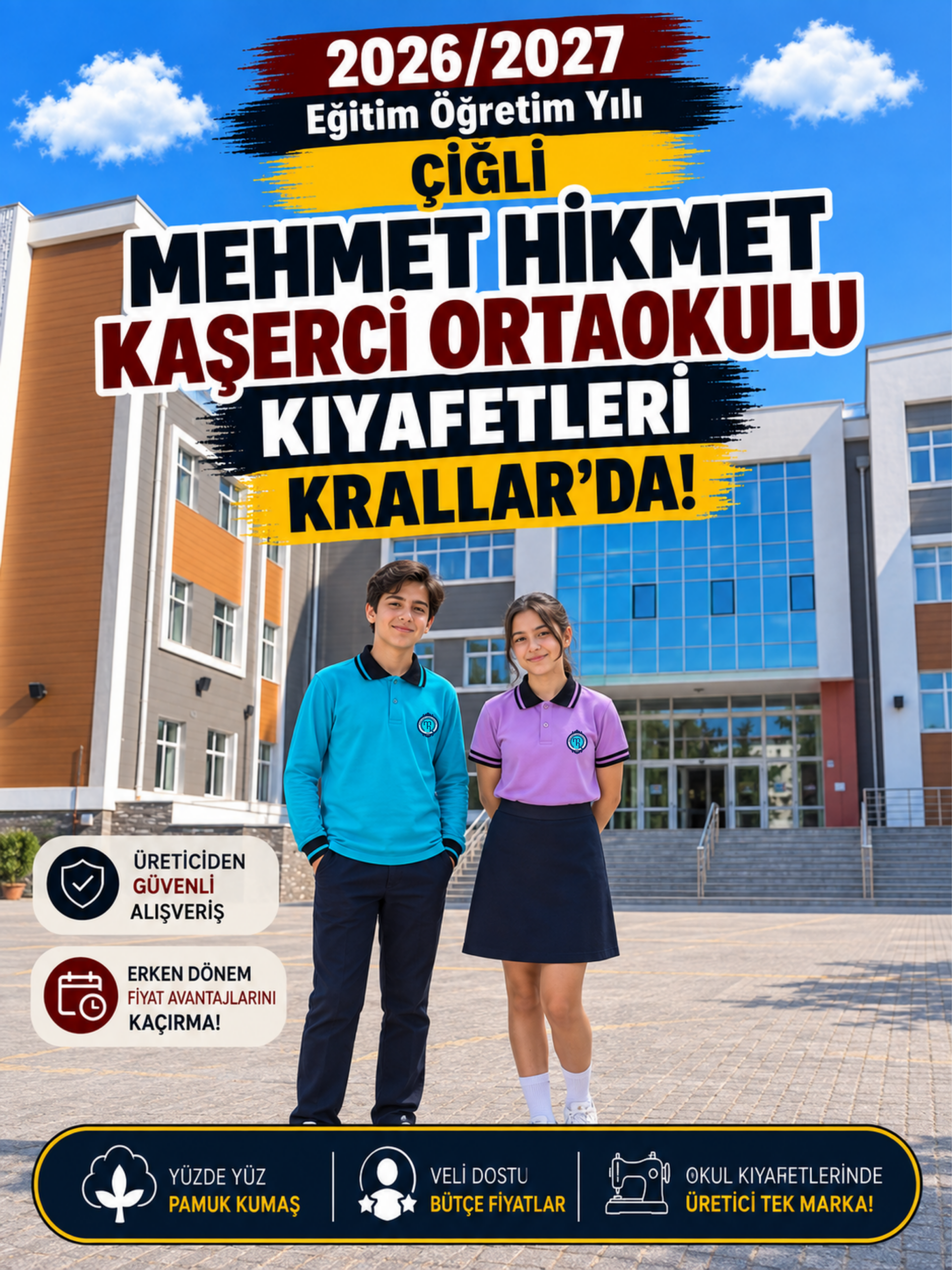 İzmir Çiğli Mehmet Hikmet Kaşerci Ortaokulu okul kıyafetleri ve okul forması, Krallar Tekstil tarafından okulun forma modeline uygun olarak üretilmektedir.