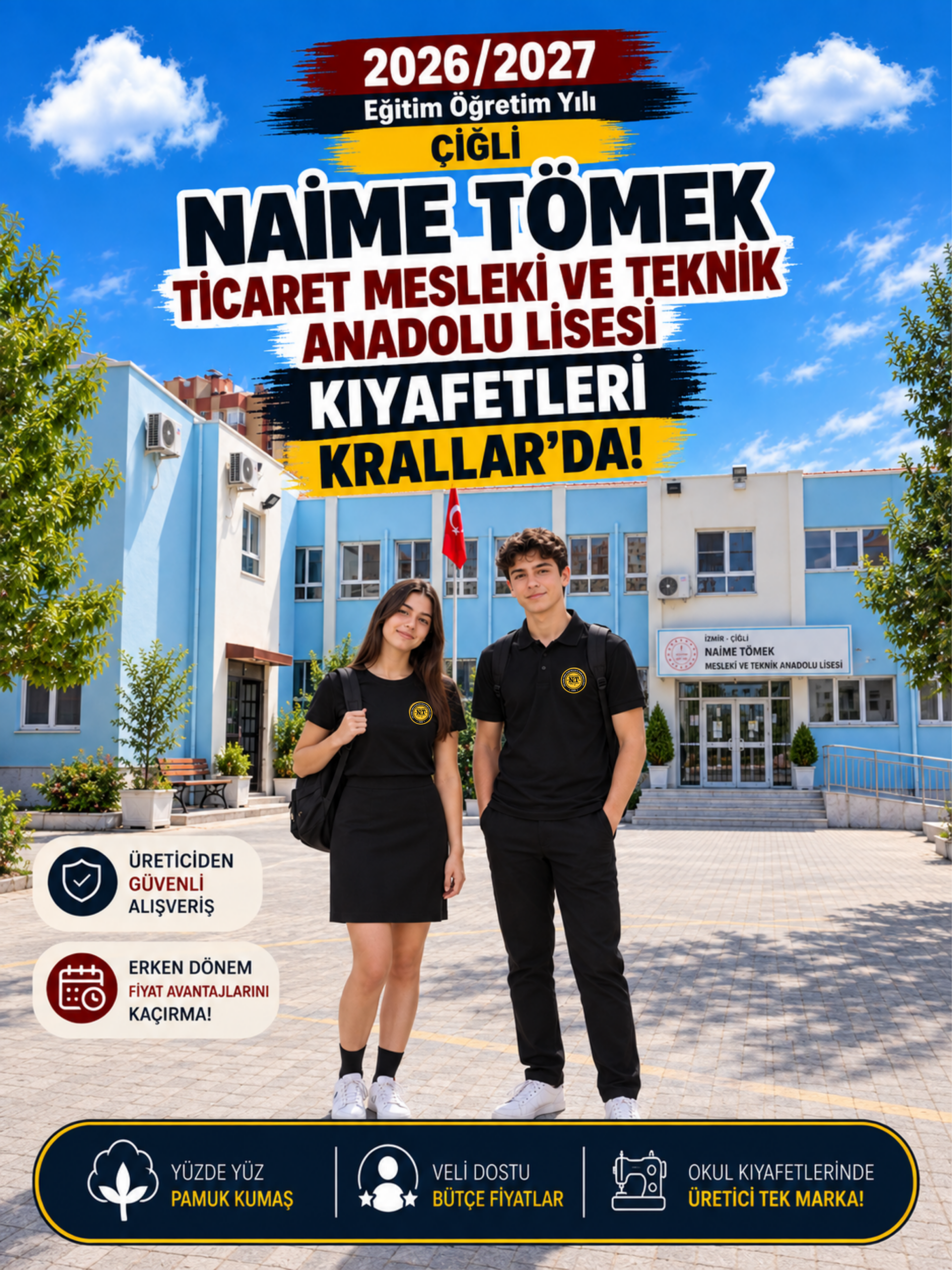 İzmir Çiğli Naime Tömek Mesleki ve Teknik Anadolu Lisesi okul kıyafetleri ve okul forması, Krallar Tekstil tarafından okulun forma modeline uygun olarak üretilmektedir.