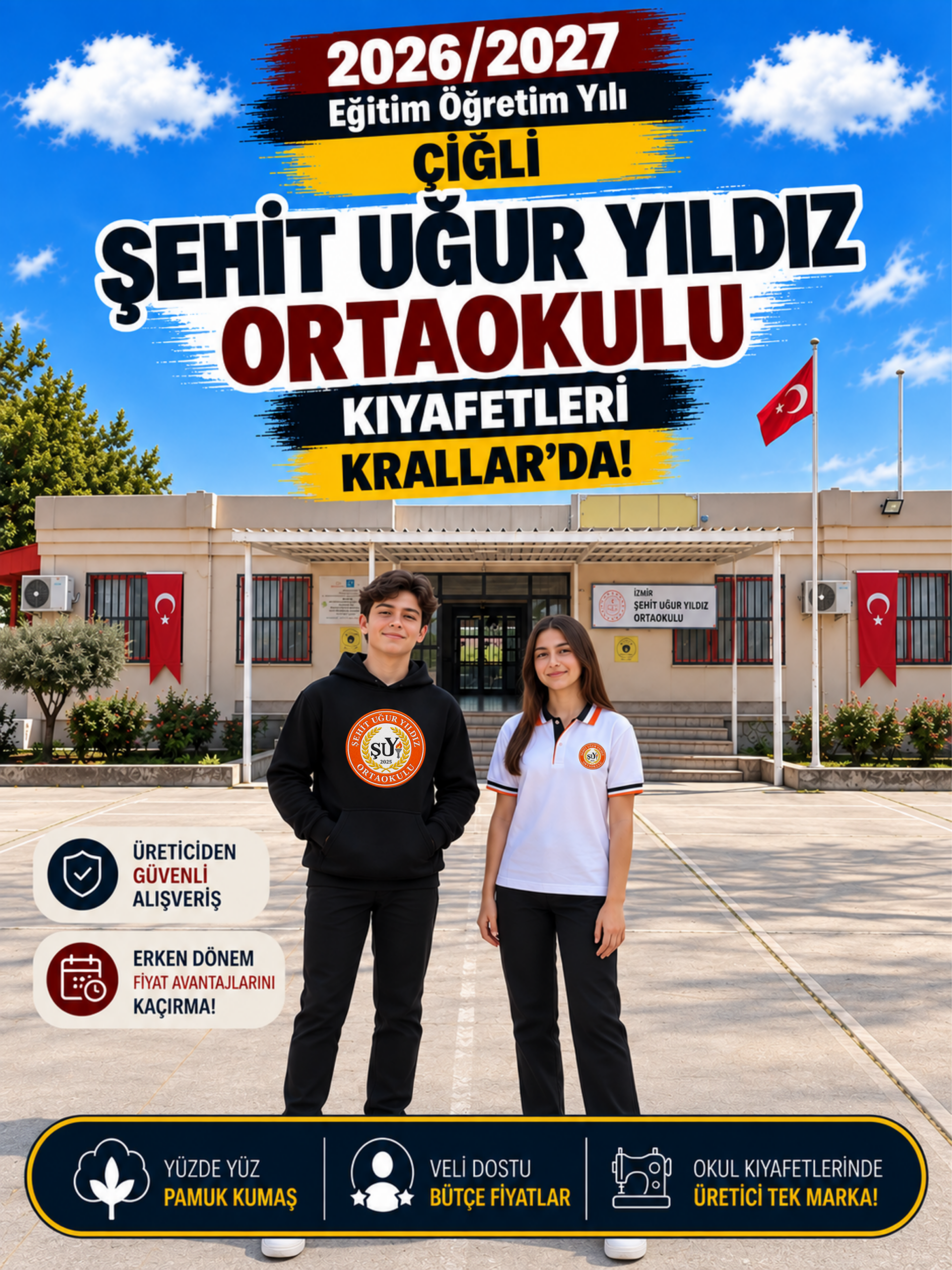 İzmir Çiğli Şehit Uğur Yıldız Ortaokulu okul kıyafetleri ve okul forması, Krallar Tekstil tarafından okulun forma modeline uygun olarak üretilmektedir.