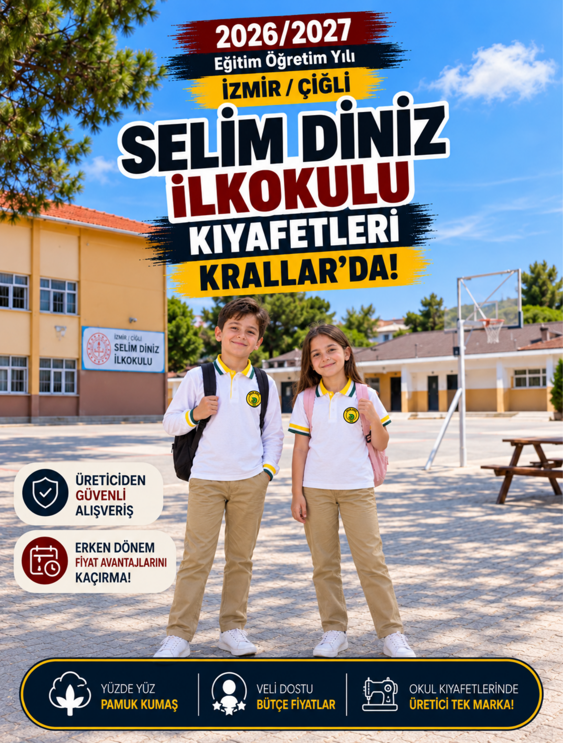 İzmir Çiğli Selim Diniz İlkokulu okul kıyafetleri ve okul forması, Krallar Tekstil tarafından okulun forma modeline uygun olarak üretilmektedir.