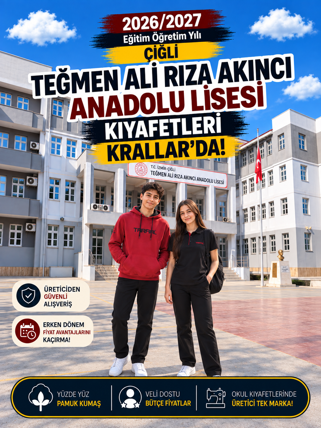 İzmir Çiğli Teğmen Ali Rıza Akıncı Anadolu Lisesi okul kıyafetleri ve okul forması, Krallar Tekstil tarafından okulun forma modeline uygun olarak üretilmektedir.