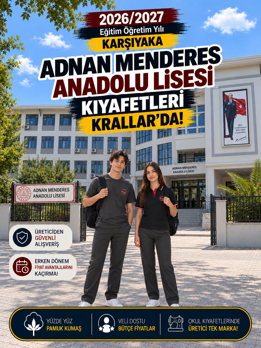 İzmir Karşıyaka Adnan Menderes Anadolu Lisesi okul kıyafetleri ve okul forması, Krallar Tekstil tarafından okulun forma modeline uygun olarak üretilmektedir.