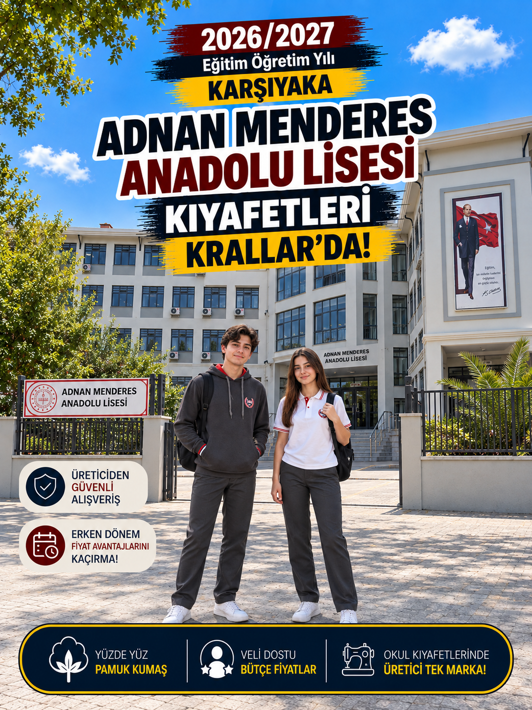 İzmir Karşıyaka Adnan Menderes Anadolu Lisesi okul kıyafetleri ve okul forması, Krallar Tekstil tarafından okulun forma modeline uygun olarak üretilmektedir.