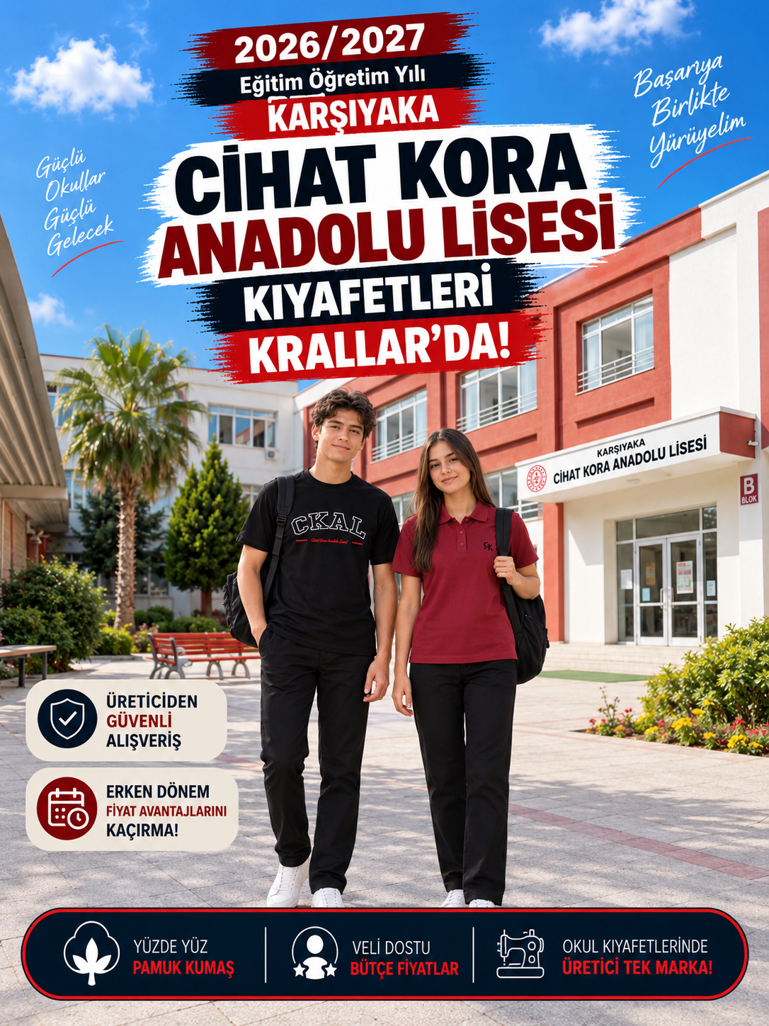 İzmir Karşıyaka Cihat Kora Anadolu Lisesi okul kıyafetleri ve okul forması, Krallar Tekstil tarafından okulun forma modeline uygun olarak üretilmektedir.