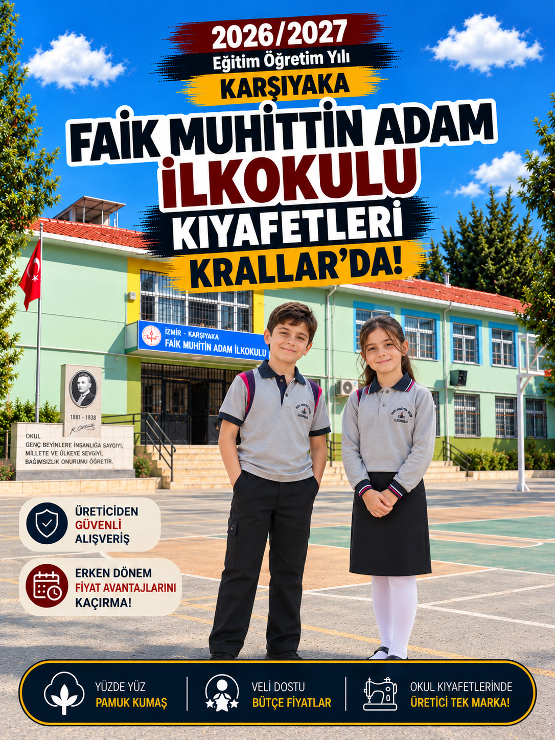 İzmir Karşıyaka Faik Muhittin Adam İlkokulu okul kıyafetleri ve okul forması, Krallar Tekstil tarafından okulun forma modeline uygun olarak üretilmektedir.