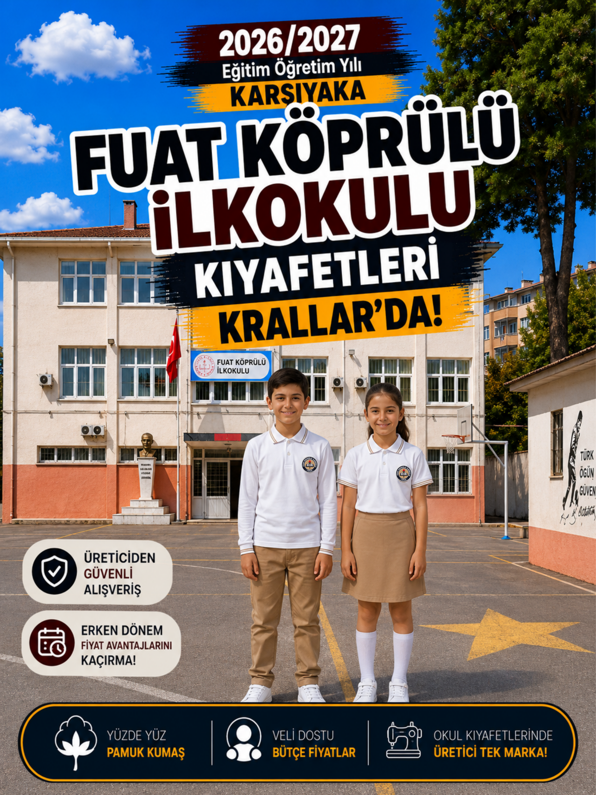 İzmir Karşıyaka Fuat Köprülü İlkokulu okul kıyafetleri ve okul forması, Krallar Tekstil tarafından okulun forma modeline uygun olarak üretilmektedir.