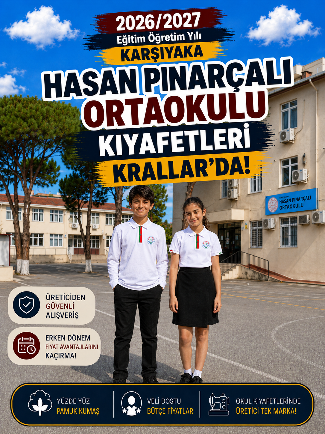 İzmir Karşıyaka Hasan Pınarçalı Ortaokulu okul kıyafetleri ve okul forması, Krallar Tekstil tarafından okulun forma modeline uygun olarak üretilmektedir.