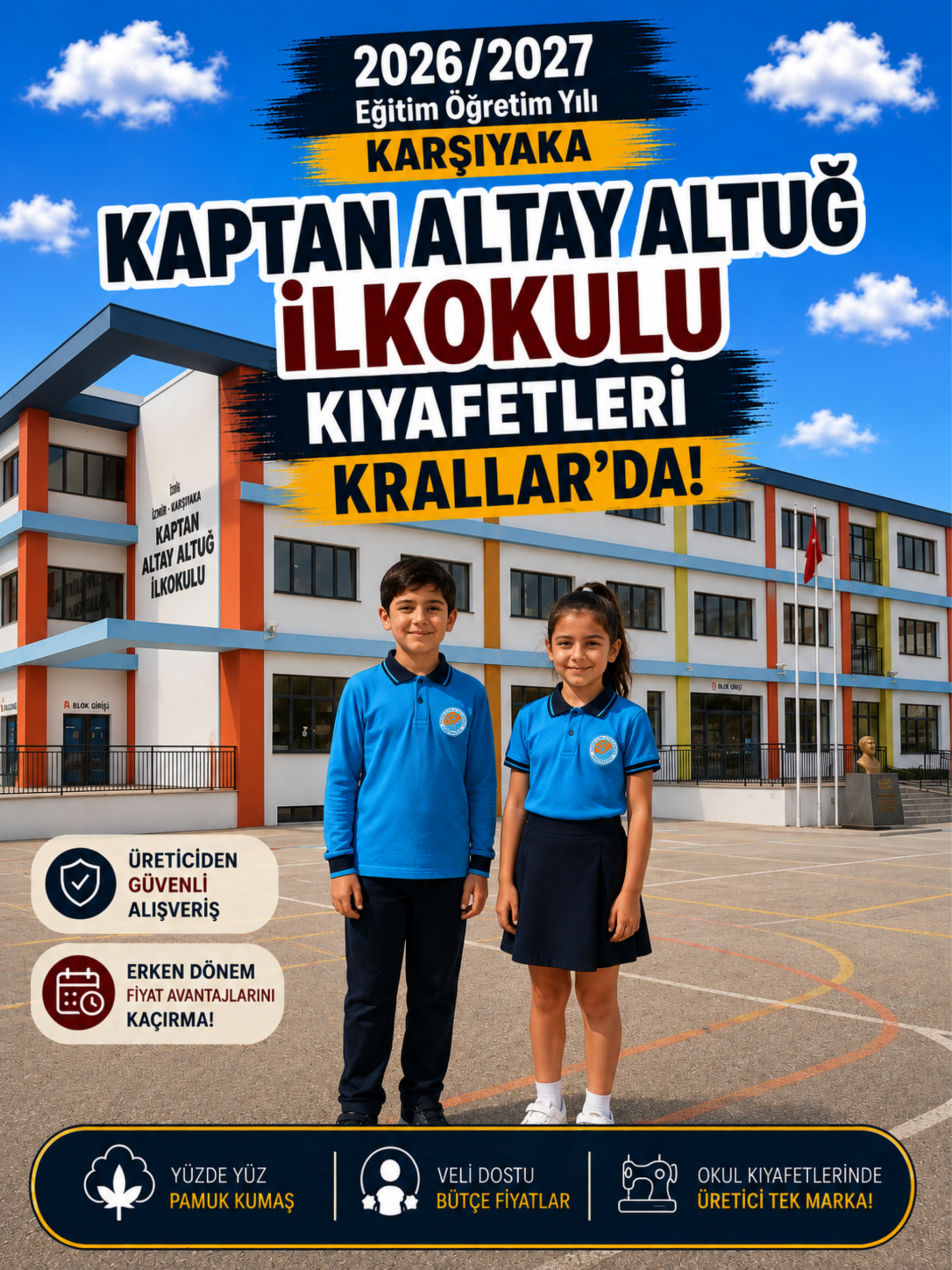 İzmir Karşıyaka Kaptan Altay Altuğ İlkokulu okul kıyafetleri ve okul forması, Krallar Tekstil tarafından okulun forma modeline uygun olarak üretilmektedir.